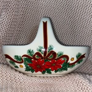 Vintage Ceramic Basket Bowl with Poinsettia and Pine Details Made in Japan